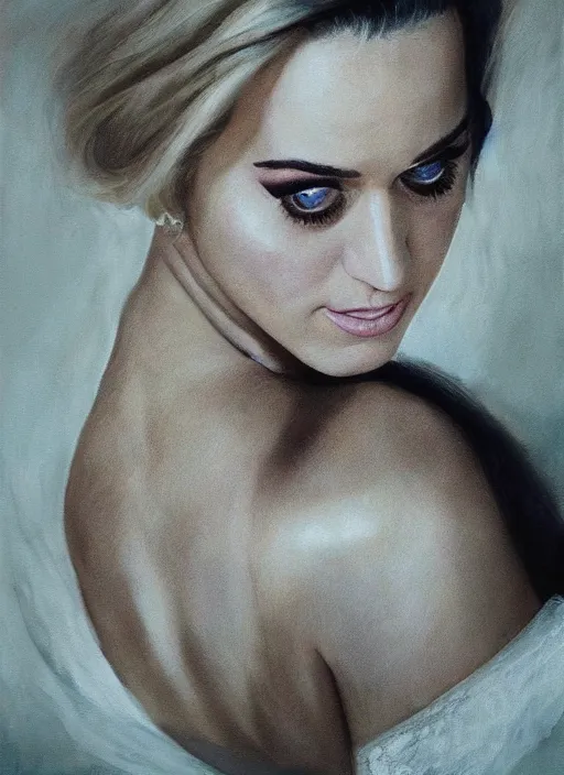 Image similar to cinematic portrait of katy perry in a white dress, intricate, elegant, by alyssa monks, highly detailed, smooth, sharp focus symmetrical face, fine details, masterpiece, trending on artstation