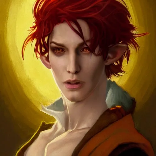 Prompt: dnd character portrait of a beautiful and androgynous half - elf with messy short red hair and catlike features and dark skin and yellow eyes with slit pupils, glowing, golden hour, wearing a colorful men's suit, tufted ears, realistic painting by ross tran and gerald brom and alphonse mucha, trending on artstation