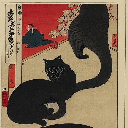 Image similar to a hokusai ukiyo - e portrait of a cat grooming itself, a shocked woman looks at the cat, japanese quote in the top left corner