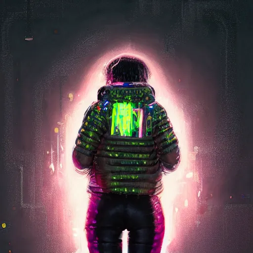 Image similar to detailed portrait of a skilled magic deepdream guardian girl cyberpunk futuristic, reflective puffer jacket, black leggings from the back radiating a glowing aura by ismail inceoglu dragan bibin hans thoma, perfect face, fine details, realistic shaded, fine - face, pretty face