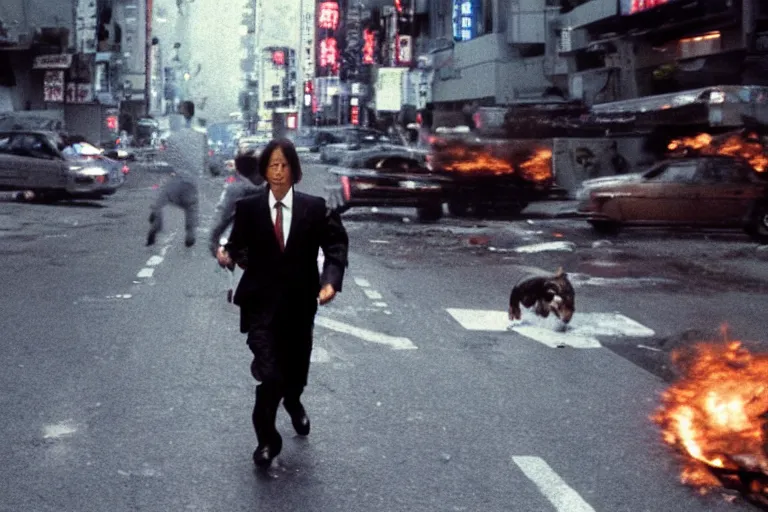 Image similar to cinematography action movie closeup portrait of a Japanese business man carrying his dog running from an explosion in Tokyo by Michael Bay