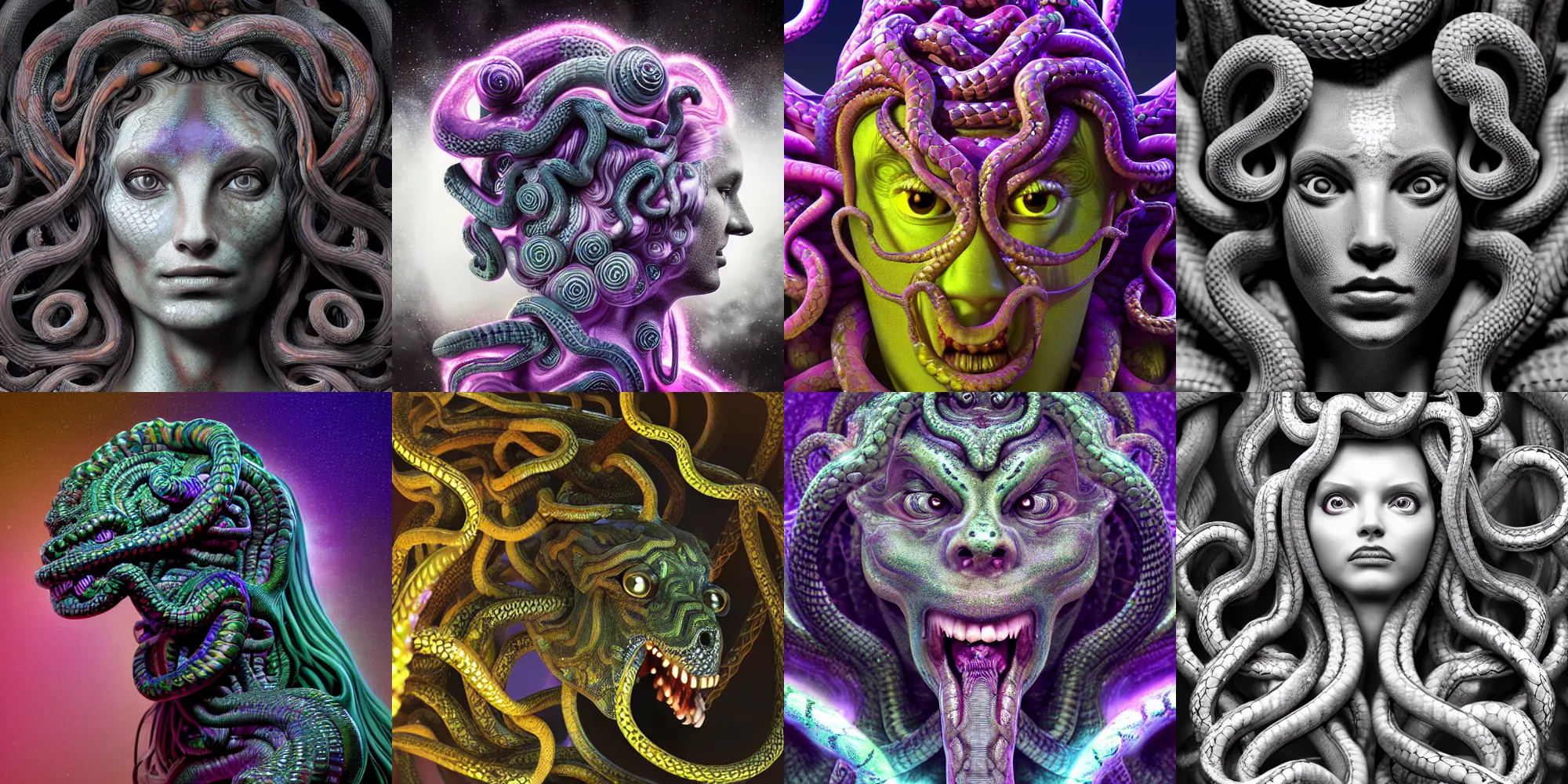 Image similar to beautiful medusa gorgon head highly detailed snakes, cosmic horror, abstract, ghostly, arcade, duotone, poltergeist, epic lighting, intricate, elegant, highly detailed, smooth, sharp focus, photo real, ultra realistic, unreal engine 5, raytracing, in the style of beeple and mike winkelmann, ultraviolet colors,