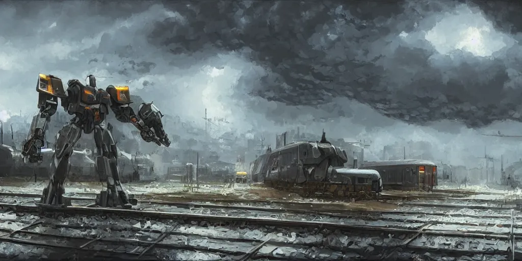 Prompt: a russian mecha, train station in summer, matte painting, evening, after the storm, drama, by rozalski and stanton kenton, artstation