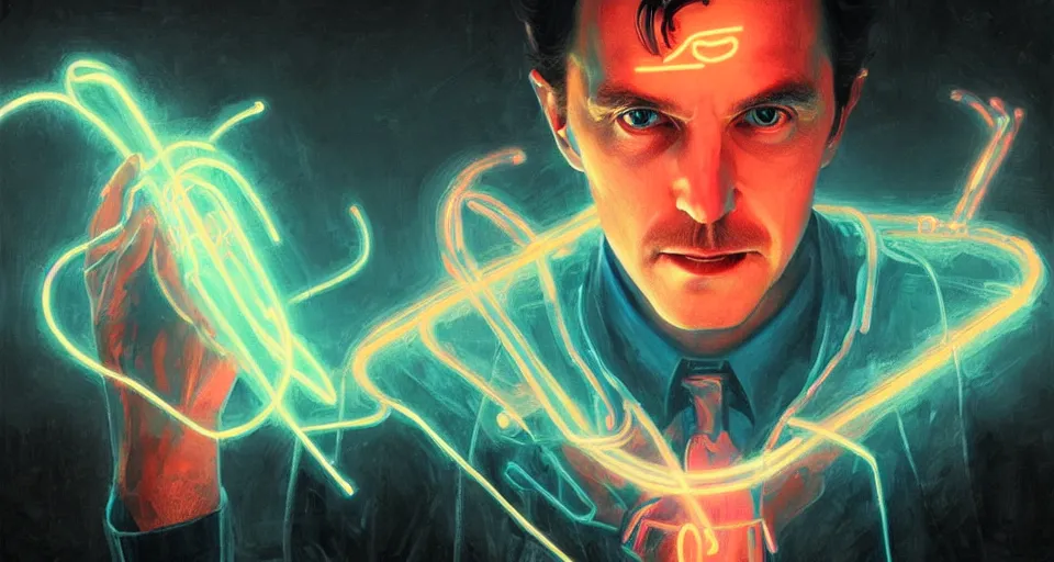 Prompt: nikolai tesla, a portrait, electrical arcs, neon glow, highly detailed, digital art, intricate, dramatic lighting, neon colors, cinematic, holographic runes, art by artgerm, greg rutkowski, guy denning