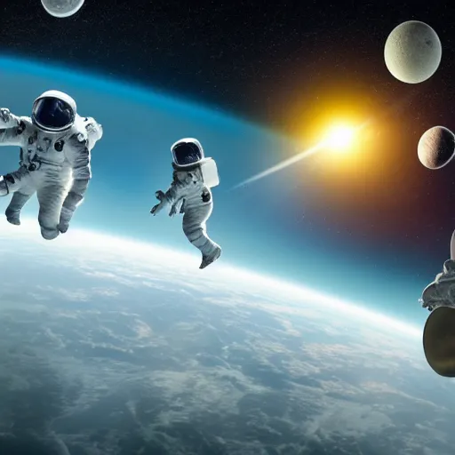 Image similar to a crew of moonwalkers traveling through space drinking beer and making music, hyper realistic, photo realistic, 8k wide angle, space,