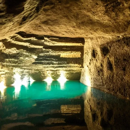 Prompt: cenotes with geometric glowing patterns in the cave walls