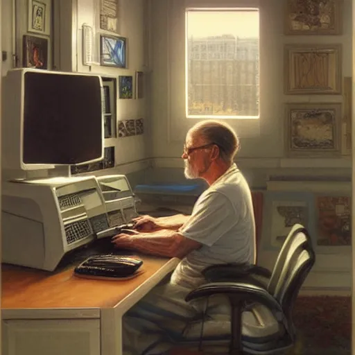 Image similar to Man sitting at his 80s computer programming late at night, candid art by Donato Giancola and James Gurney, digital art, trending on artstation