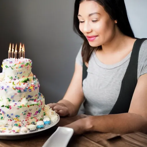 Image similar to close - up beautiful woman sitting in front of a table staring at her birthday cake.