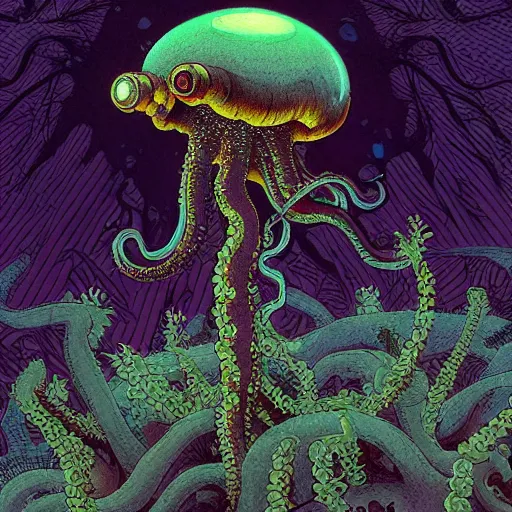 Image similar to highly detailed illustration of a nausicaa alien cephalopod in a world overgrown with fungus and spores, diffuse lighting, fog, stunning atmosphere, religious imagery, huge gargantuan black sun, muted colors, by kilian eng and james jean