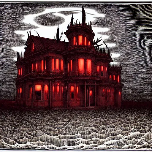 Image similar to strange horror house by junji ito, hugh ferriss, lee madgwick, alex grey and gustave dore ; spiralled blood red and smoke black art nouveau architecture ; in the style of gothic art. wes benscoter. imposing, evil, biblical hell.