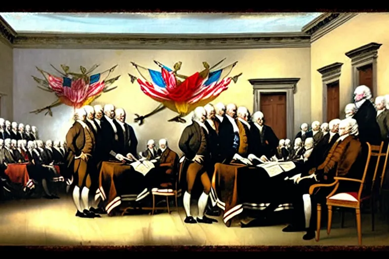 Image similar to john trumbull's famous painting of vampires at the signing of the declaration of independence. the vampires are taller and wear black capes and no wigs. on the wall there is a flag from transylvania