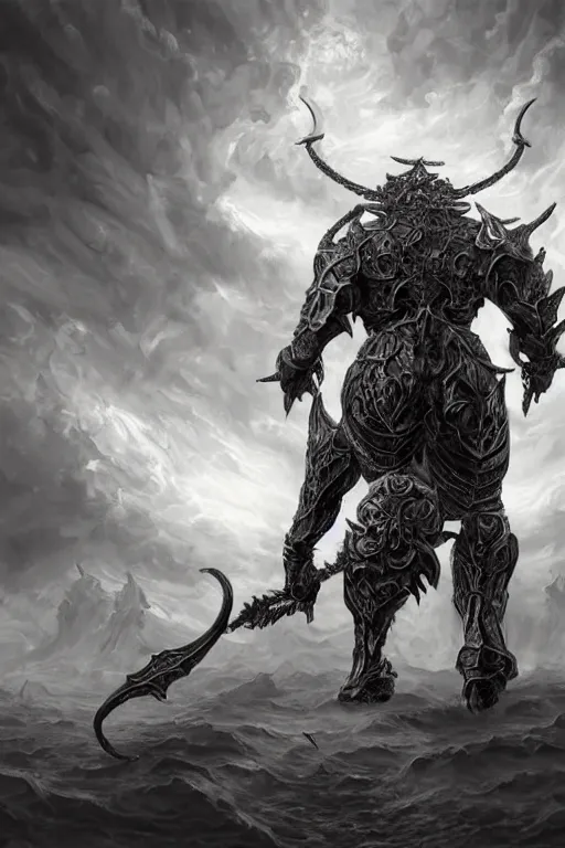 Image similar to ultra realist and ultra intricate detailed soft painting of a gigantic muscled minotaur wearing gothic ornamented armor pieces and claymore, in the jaw of a wyrm, symmetry features, sensual gloomy style, soft painting, volumetric clouds, cyberpunk background, artstation, Boris Vallejo artstyle, unreal render, depth of field