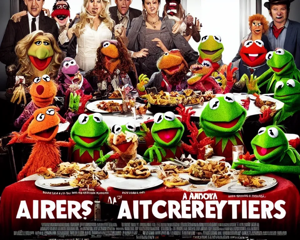 Image similar to A horror movie poster featuring muppets sitting at a dinner table