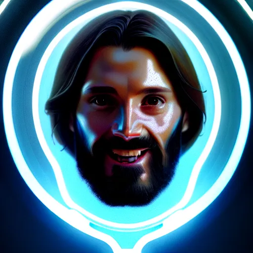 Prompt: tron legacy jesus hipster, face closeup, laughing, diffuse lighting, hyper realistic, concept art, intricate, hyper detailed, smooth, sharp focus, illustration, trending on artstation, art by greg rutkowski and james gurney and alphonse mucha