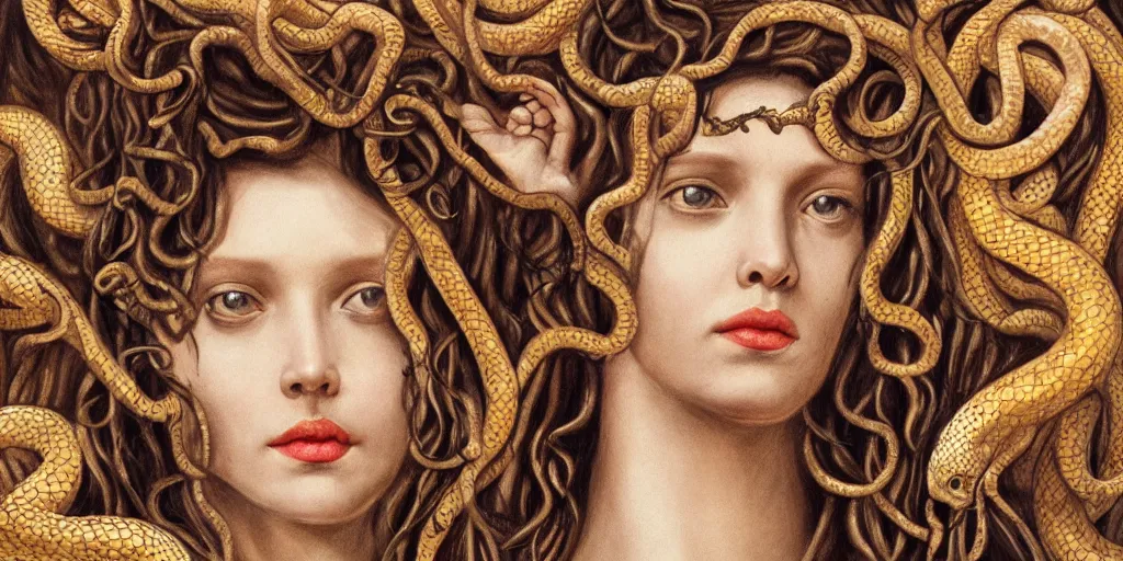 Prompt: realistic portrait of beautiful medusa with her snakes, golden, delicate, facing camera, hyper realism, 1 4 5 0, ink, ultra realistic, 8 k