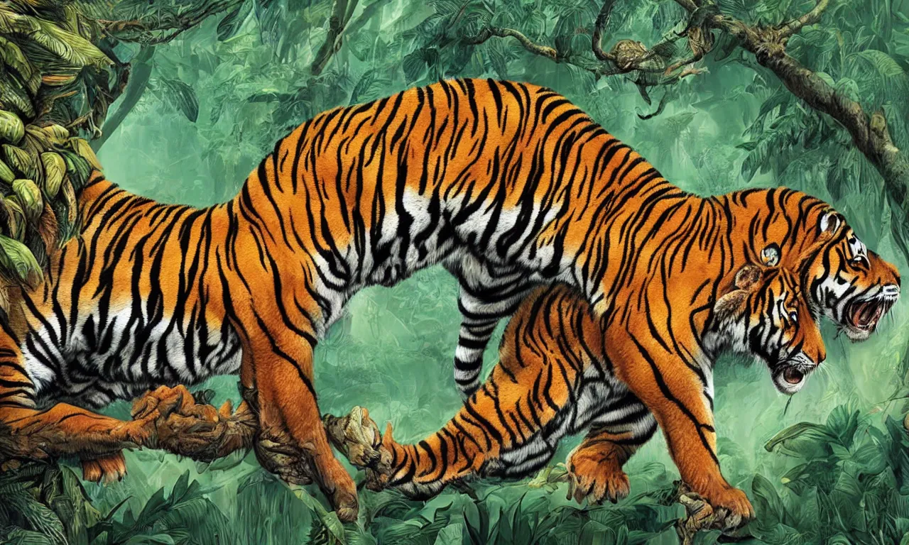 Image similar to a beautiful digital colorful detailed illustration of a fierce tiger in jungle, matte painting