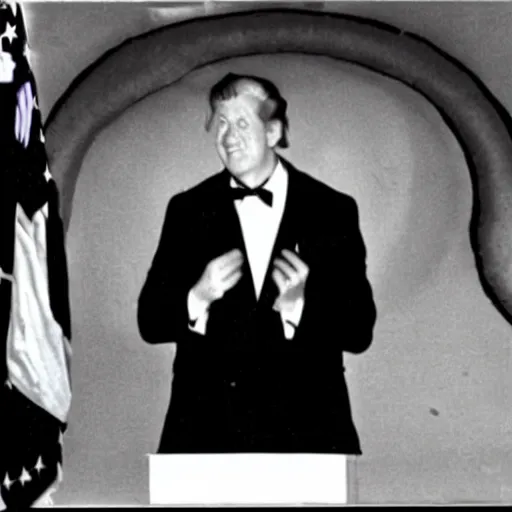 Image similar to photo of an old television showing a president that has a clown face and is giving a speech over a podium