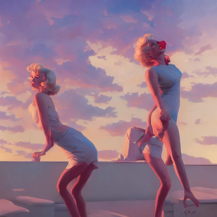 Image similar to a cinematic marilyn monroe, octane render, hyperrealistic, at sunrise, by edward hopper jesper ejsing, by rhads, makoto shinkai and lois van baarle, ilya kuvshinov, rossdraws