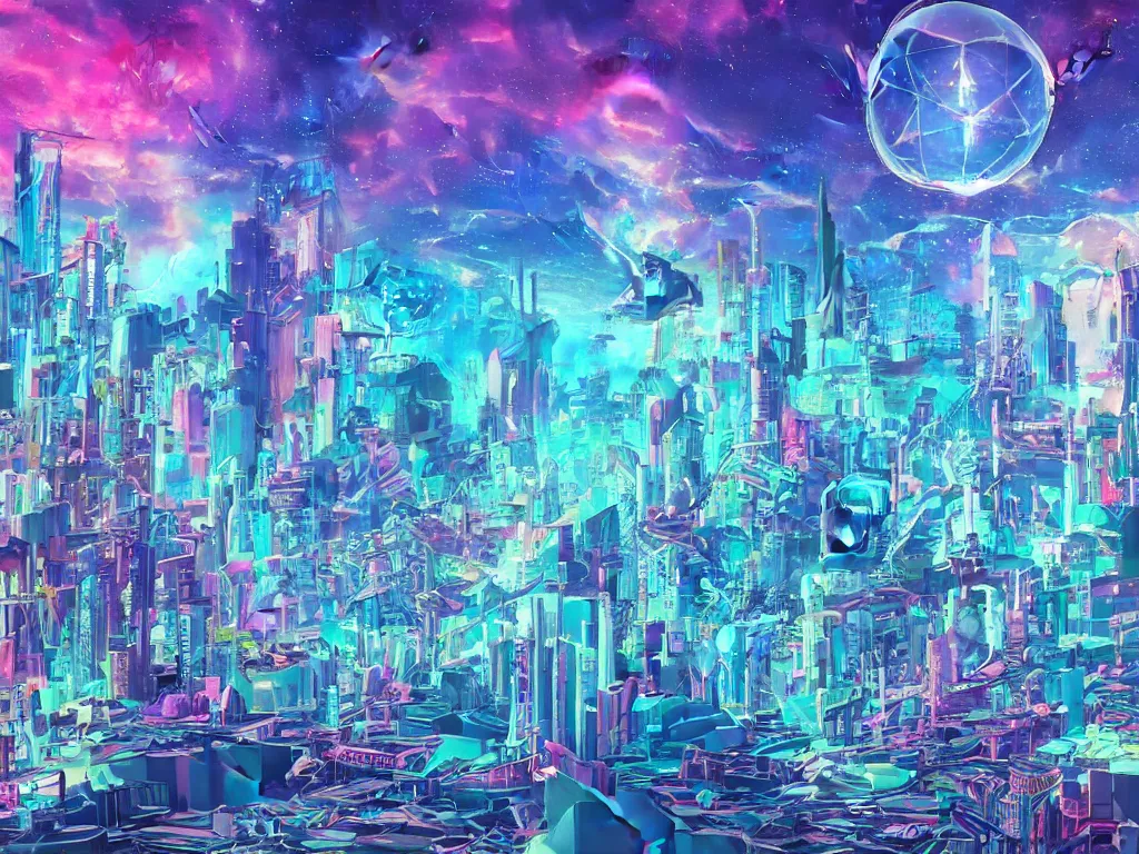 Image similar to mystical colorful cyberpunk city with a clear blue lake in a clearing where an abstract nebula crystal sculpture is floating above it, powerful, ethereal, vaporwave