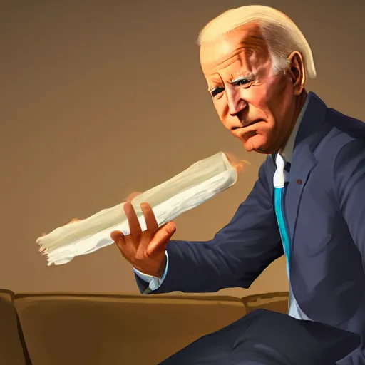 Image similar to joe biden is holding a giant rolled up joint while sitting on a couch in a messed up apartment, stoned eyes, smoke, beautiful digital art, amazing detail, artstation, award winning, sharp