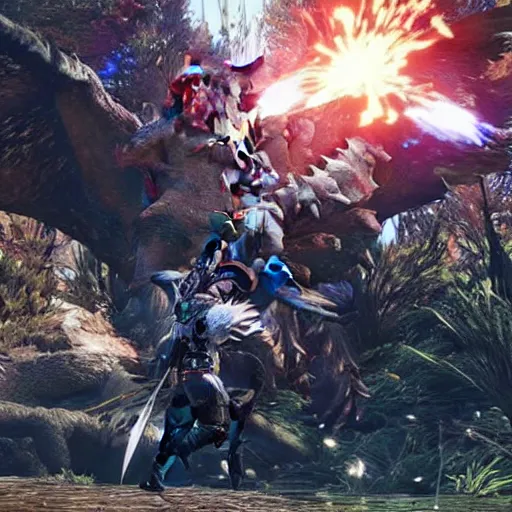 Image similar to monster hunter world gameplay in the style of shindol