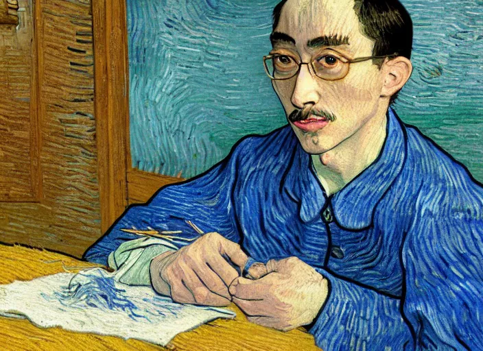 Prompt: Filthy Frank wearing blue dirty spaghetti stained dress shirt, rule of thirds, accurately portrayed, portrait art by Vincent van Gogh, highly detailed, digital painting, concept art, illustration, ethereal lighting with twilight rays of sunlight, trending on artstation, very detailed, smooth, sharp focus, octane render, close up