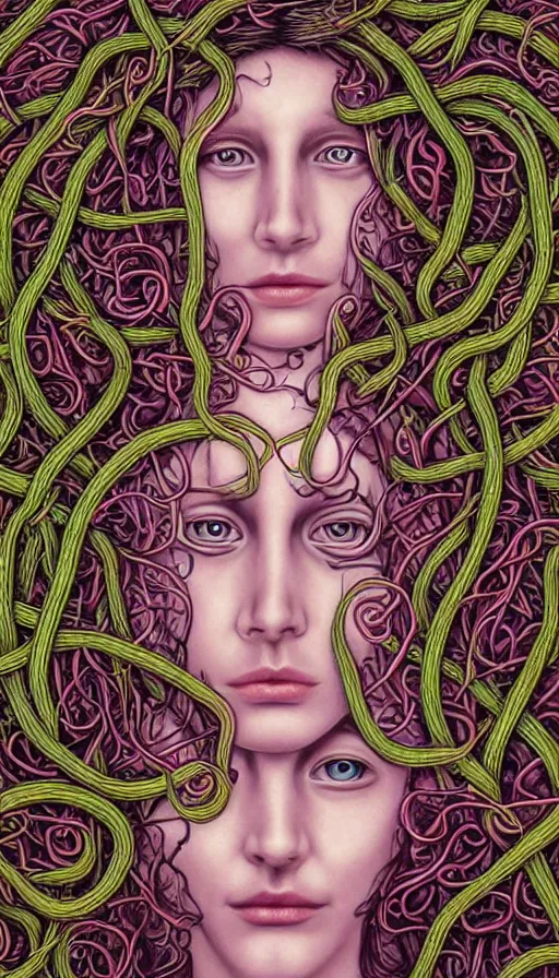 Image similar to very detailed portrait of a 2 0 years old girl surrounded by tentacles, the youg woman visage is blooming from fractal and vines, by alex grey,