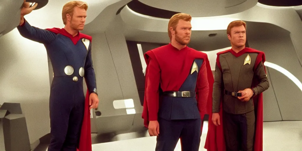 Image similar to Thor, in starfleet uniform, in the role of Captain Kirk in a scene from Star Trek the original series