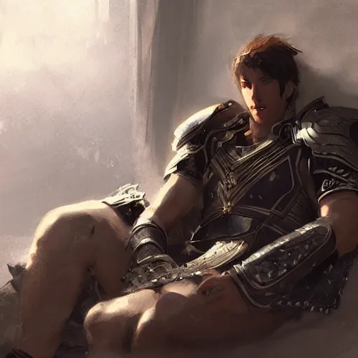 Image similar to 'A human male paladin in chainmail is resting after a fight, art by Greg Rutkowski, 4k'