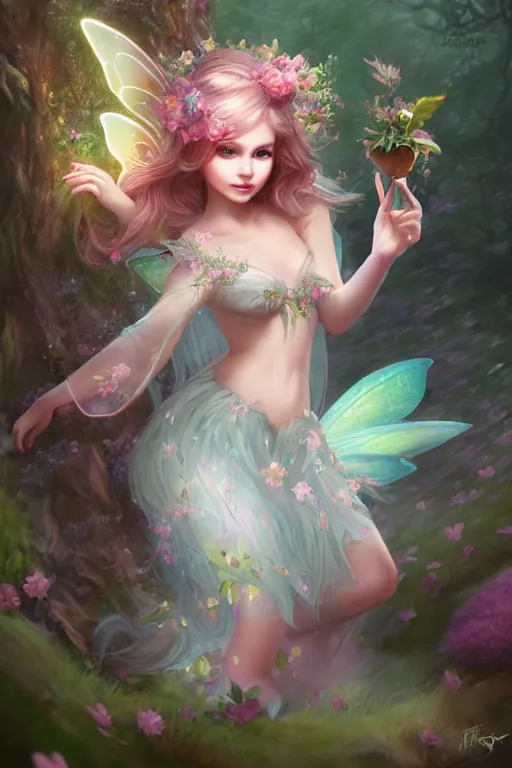 Image similar to a cute fairy in the dreamy forest, fantasy, 8 k resolution, hyper detailed, d & d, character design, digital painting, trending on artstation, sharp focus, illustration, art by artgerm, steve zheng, fuji choko, viktoria gavrilenko, hoang lap