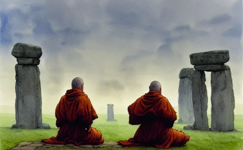 Image similar to a hyperrealist watercolour character concept art portrait of one small grey medieval monk and another giant orange medieval monk kneeling down in prayer in front of a complete stonehenge monument on a misty night. a huge stone is in the sky. by rebecca guay, michael kaluta, charles vess and jean moebius giraud