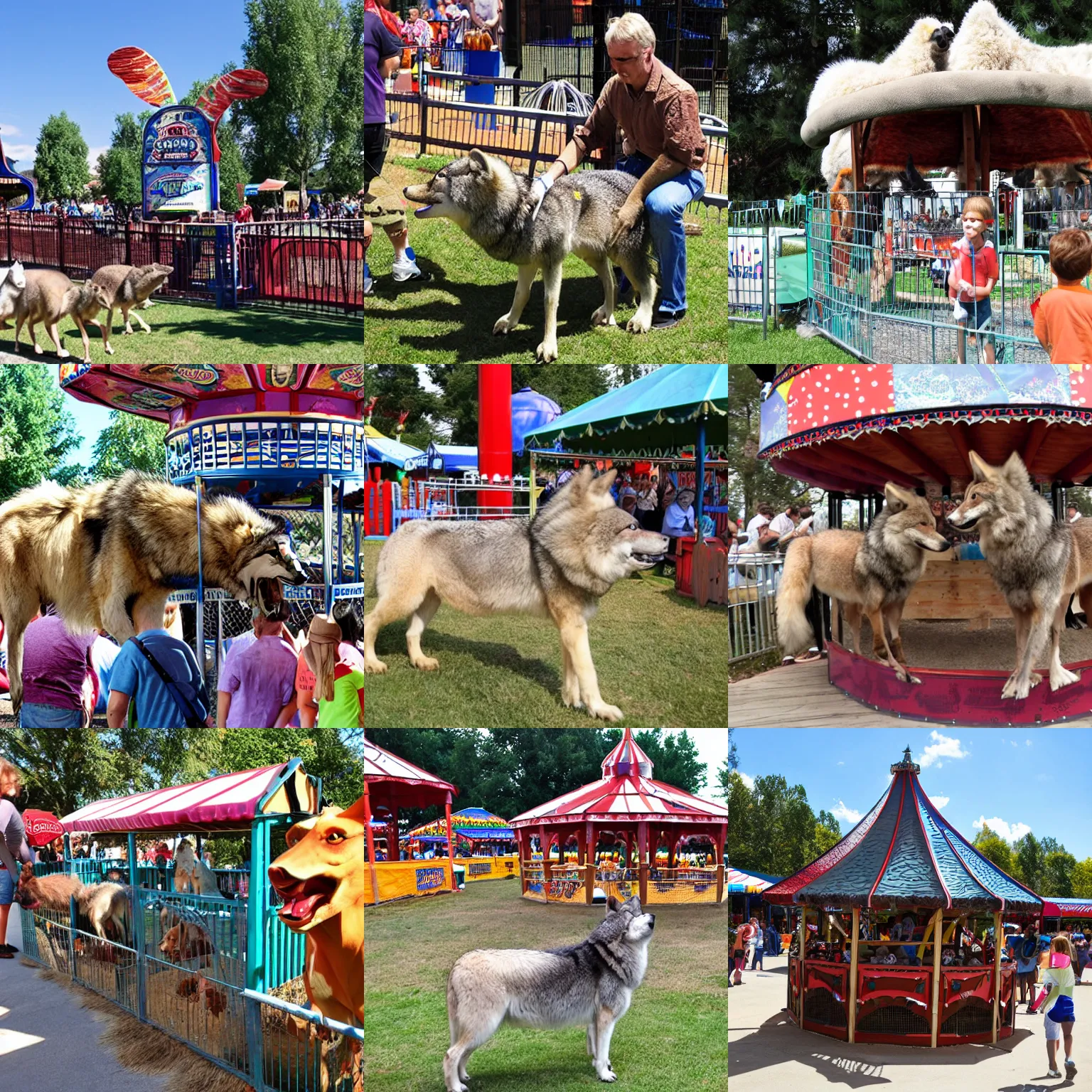 Prompt: fair rides petting zoo wolf