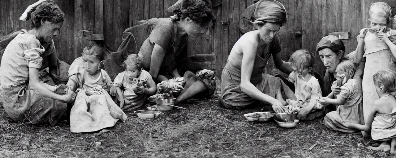 Image similar to dorothea lange's photograph of a struggling mother with her children feeding spaghetti in 1 9 3 6, rural, in the style of diane arbus, canon 5 0 mm, kodachrome, retro