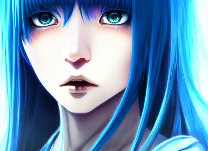 Image similar to full face shot of rimuru tempest, sky blue straight hair, long bangs, with amber eyes, wearing a black jacket, high collar, ultra detailed, concept art, award winning photography, digital painting, cinematic, wlop artstation, closeup, pixiv, evil, yoshitaka amano, andy warhol, ilya kuvshinov,