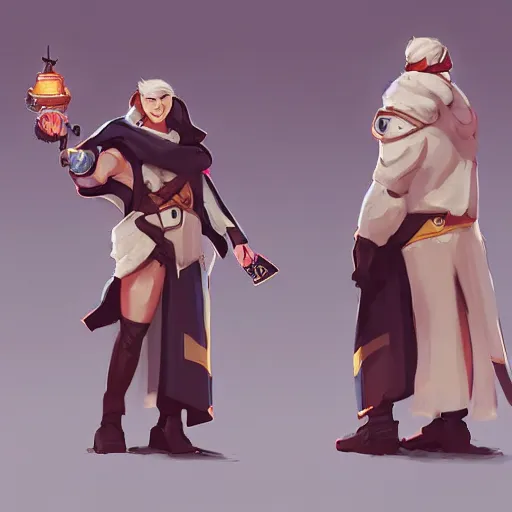 Image similar to a magic mechanic wearing a robe and a scarf. overwatch character, concept art, character design, artstation trending, by rossdraws, wlop, greg rutkowski, greg manchess