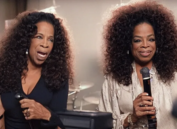 Image similar to film still of Kenny G and Oprah performing in the new Spinaltap movie, 4k