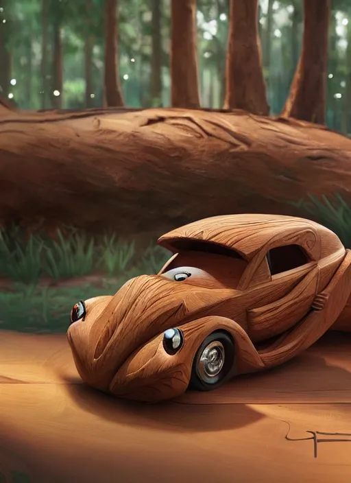 Image similar to a wood carved fancy car on a forest, art style by pixar dreamworks warner bros disney riot games arcane and overwatch, au naturel, hyper detailed, digital art, trending in artstation, cinematic lighting, studio quality, smooth render, unreal engine 5 rendered, octane rendered