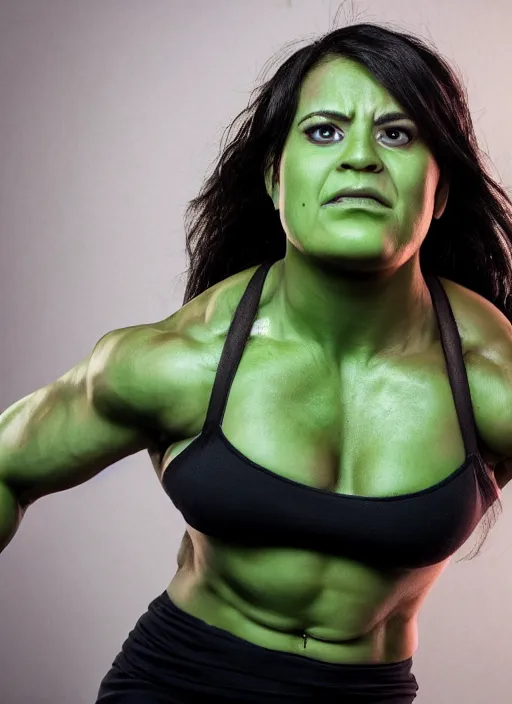 Image similar to A full portrait photo of real-life women hulk, f/22, 35mm, 2700K, lighting, perfect faces, award winning photography.