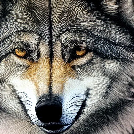 Image similar to a close-up of an anthro mexican gray wolf face wearing a yellow raincoat from Dark (Netflix series), pencil drawing