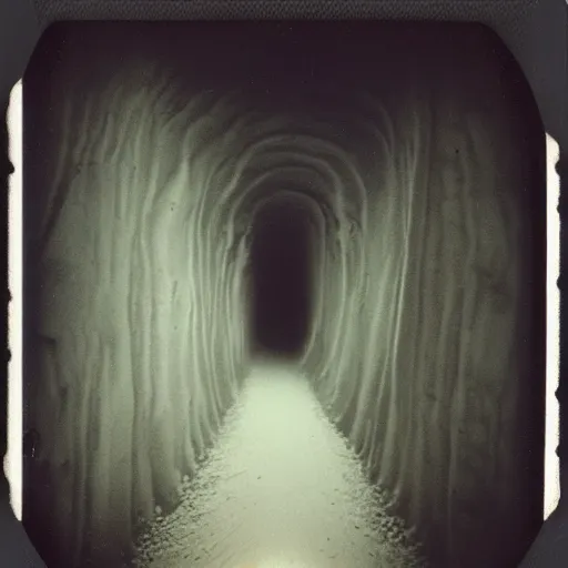 Prompt: a dark and narrow glacier cave, deep, dark, creepy, eerie, unsettling, terrifying, old polaroid, expired film, deep,