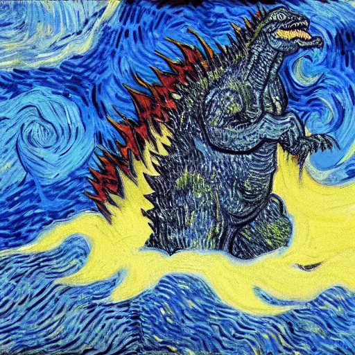 Prompt: godzilla doing atomic breath, by van gogh