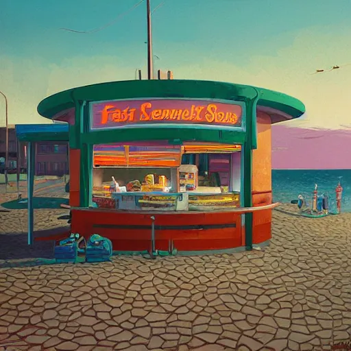 Image similar to fast food counter by the beach by simon stalenhag