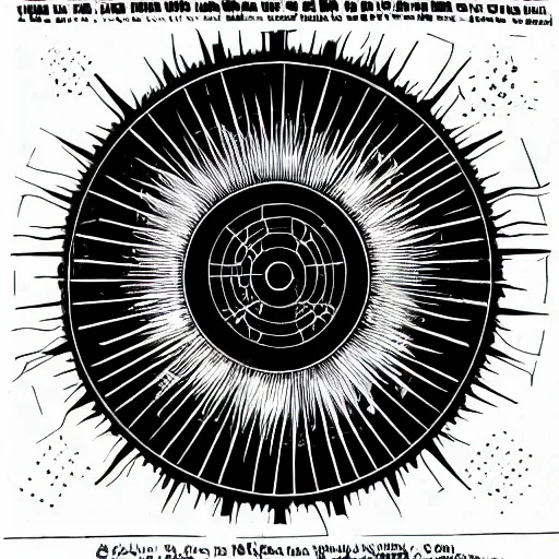 Prompt: a technical drawing of a radial techno sun above abandoned Temple architecture plans, highly detailed , black and white color scheme, fine lines and graphite, stanley donwood,