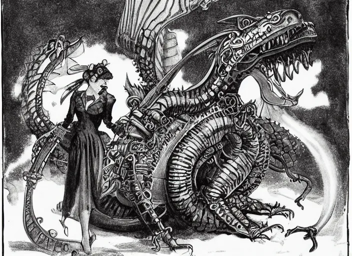 Prompt: illustration, real dragon with steam punk tanks and pipes on its side, white background, Charles Dana Gibson, Olivia Kemp, julia Hill