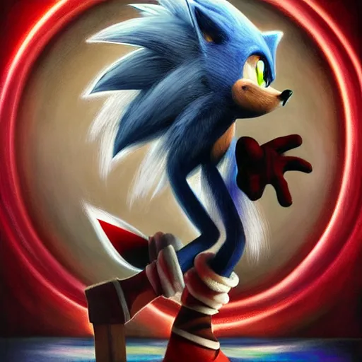 Prompt: a striking hyper real painting of Sonic the hedgehog , dark, metal, occult, by Glyn Smyth