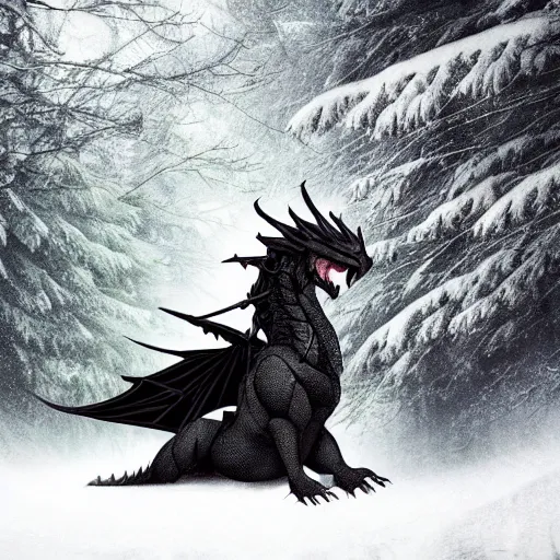 Image similar to handsome cute black dragon in snowy forest, dnd character, background focus, fantasy, magic, realistic
