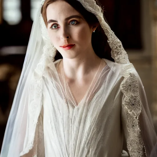 Image similar to close up photo of a beautiful young woman in a wedding dress with Canon 50mm/F1.4, dramatic daylight, downton abbey, bridgerton, 4k, featured on artstation