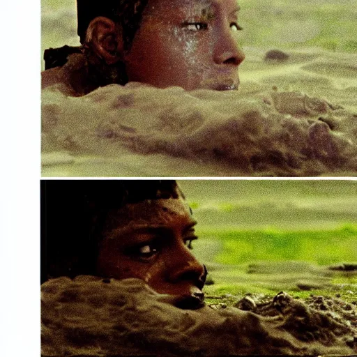 Prompt: film still, close up, beyonce rising out of muddy vietnam river, face covered in mud, low camera angle at water level, night time, film still from apocalypse now ( 1 9 7 9 ), 2 6 mm.