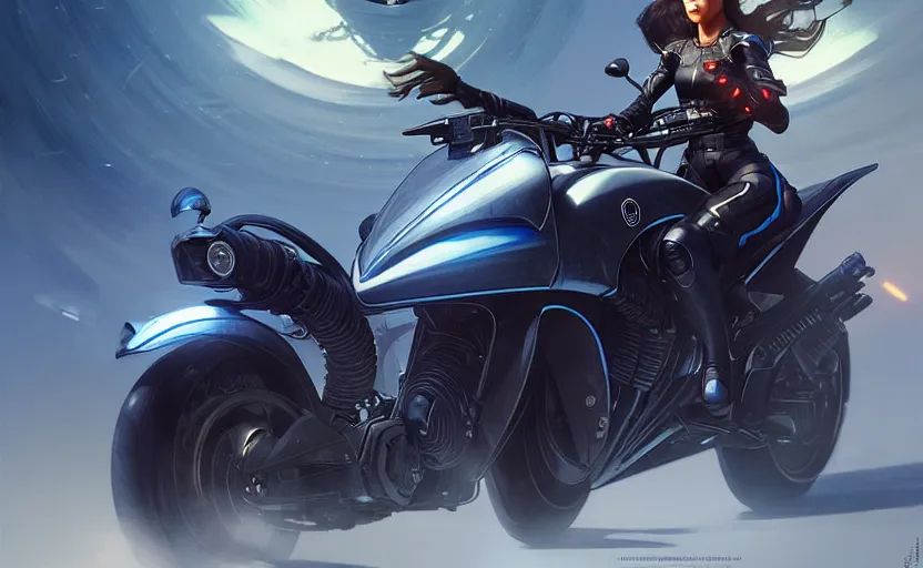 Image similar to Police female riding yamaha motorcycle, sci-fi, highly detailed, digital painting, artstation, concept art, smooth, sharp focus, illustration, art by artgerm and greg rutkowski and alphonse mucha