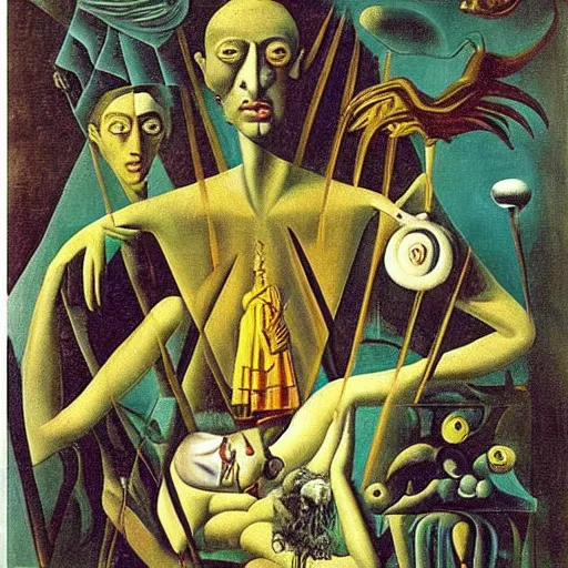 Prompt: The Allegory of Surrealism, cadavre exquis painting by Salvador Dali, André Breton, René Magritte, Max Ernst, Remedios Varo, Frida Kahlo